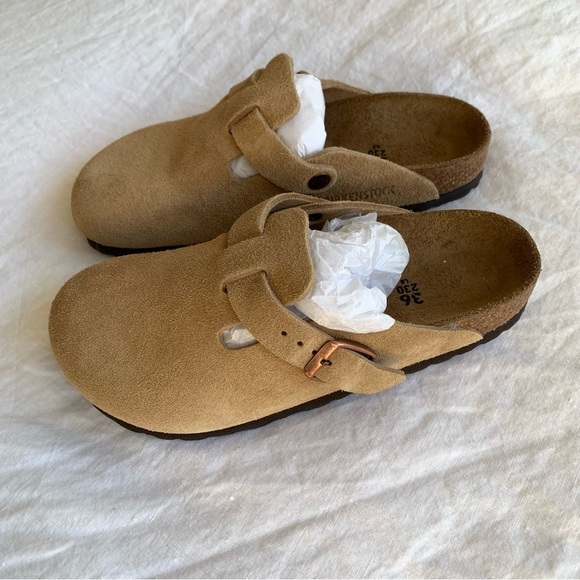 Birkenstock Boston Suede Leather Clog Slip Ons Shoes Latte Cream - Picture 2 of 9